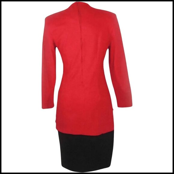 Red Black Dress, Bodycon Colorblock Knit Sheath with Sleeves - 80s Vintage - Picture 4 of 13